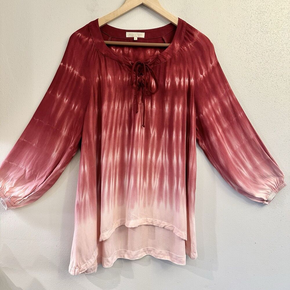 Side Stitch Tie Dye Lace Up Front Top Long Sleeve Size L